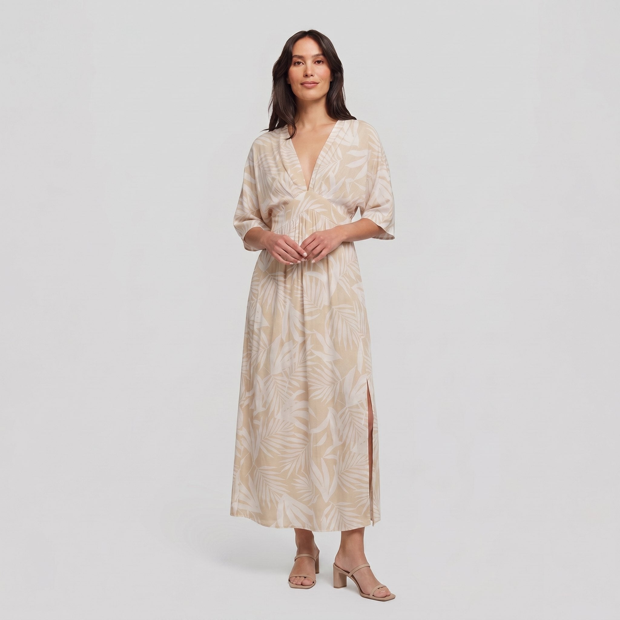Beige tropical-print maxi dress, front view on model
