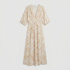 Beige tropical-print maxi dress with 3/4 sleeves, product flat-lay