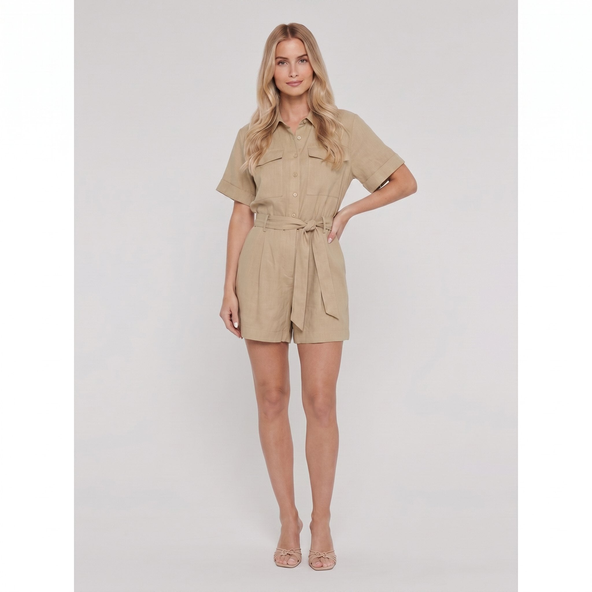 Beige utility shirt romper tie waist, model standing - Pamela Boutique