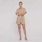 Beige utility shirt romper on model, full length - Pamela Boutique
