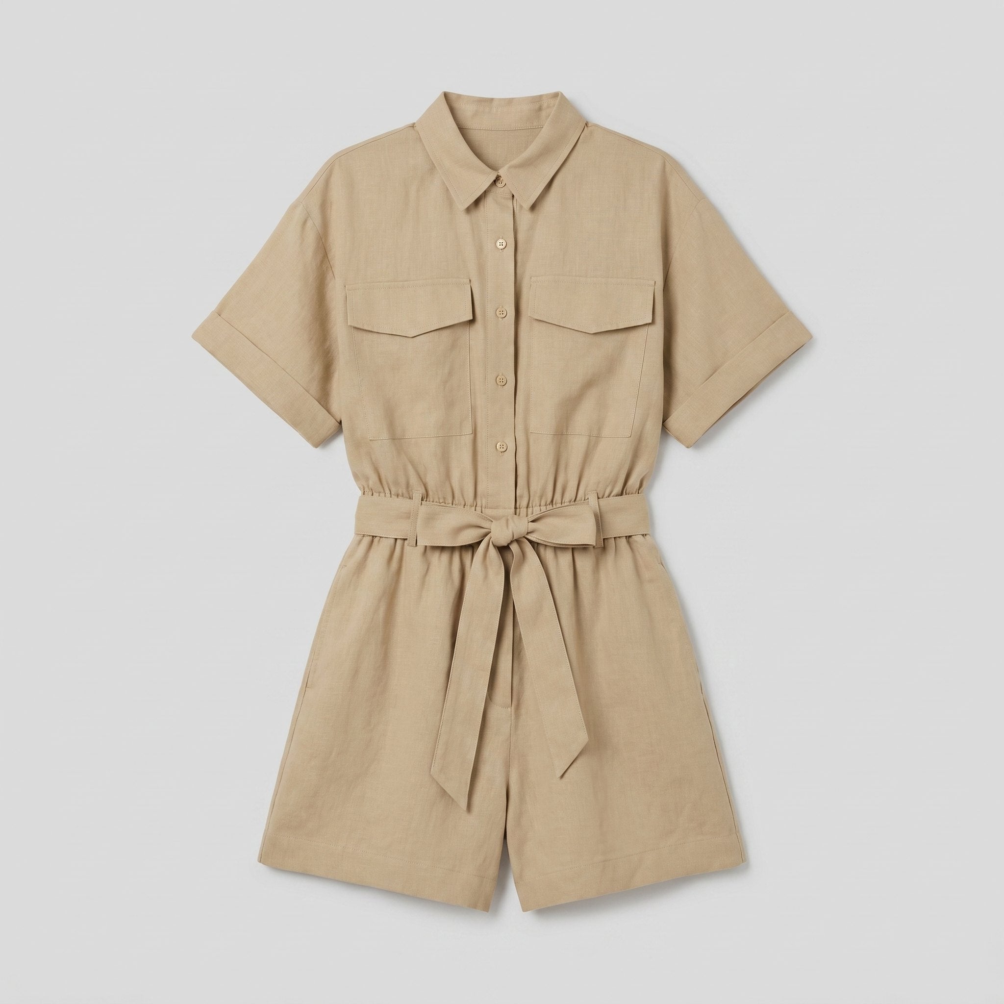 Beige utility shirt romper product flat-lay - Pamela Boutique