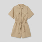 Beige utility shirt romper product flat-lay - Pamela Boutique