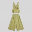Vera sage green lace-trimmed loungewear set flat lay detail