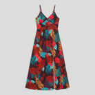 Vera Maxi Dress in FireBrick floral print - product flat lay on light grey studio background