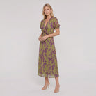 Virel floral wrap midi dress, three quarter view