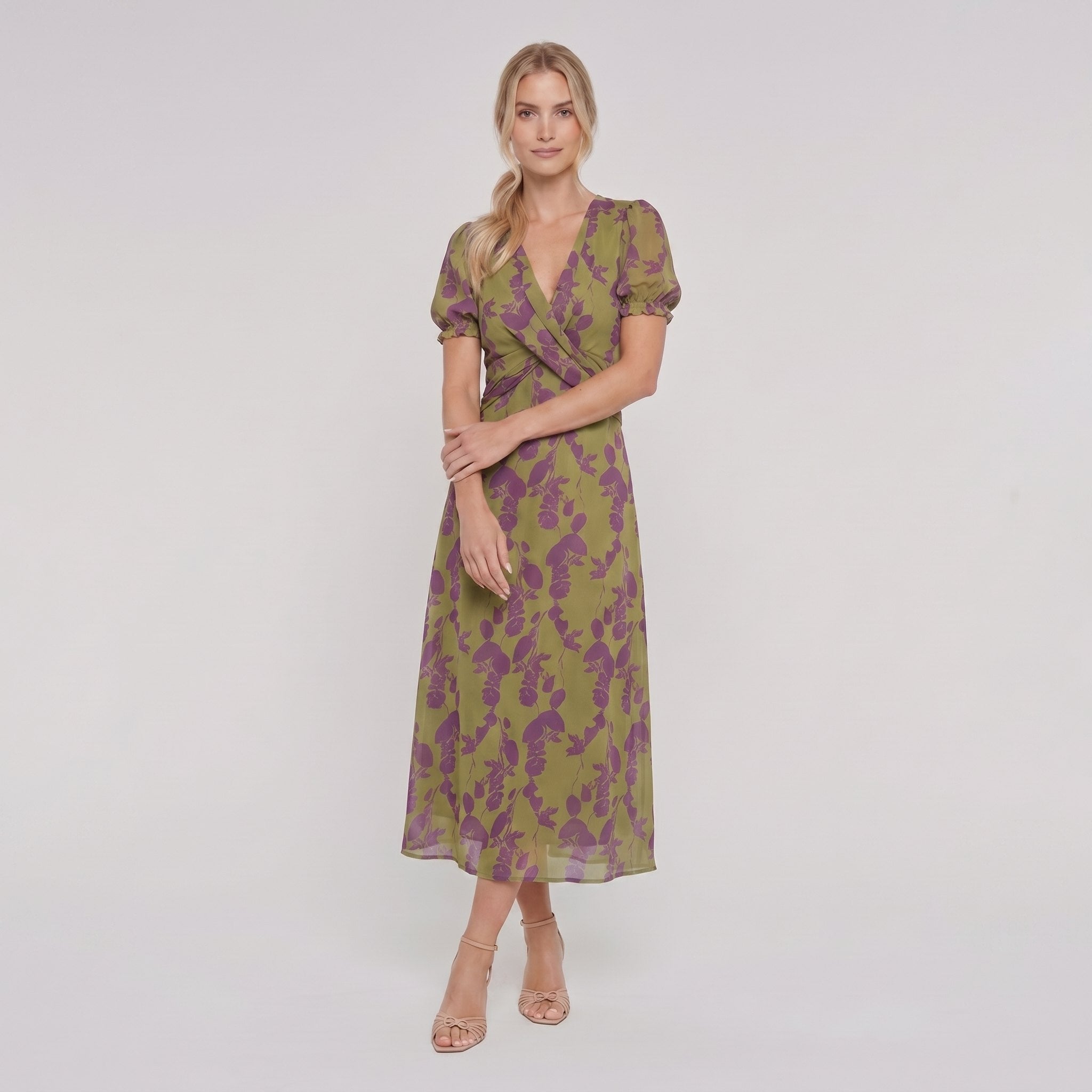Virel floral wrap midi dress, front view