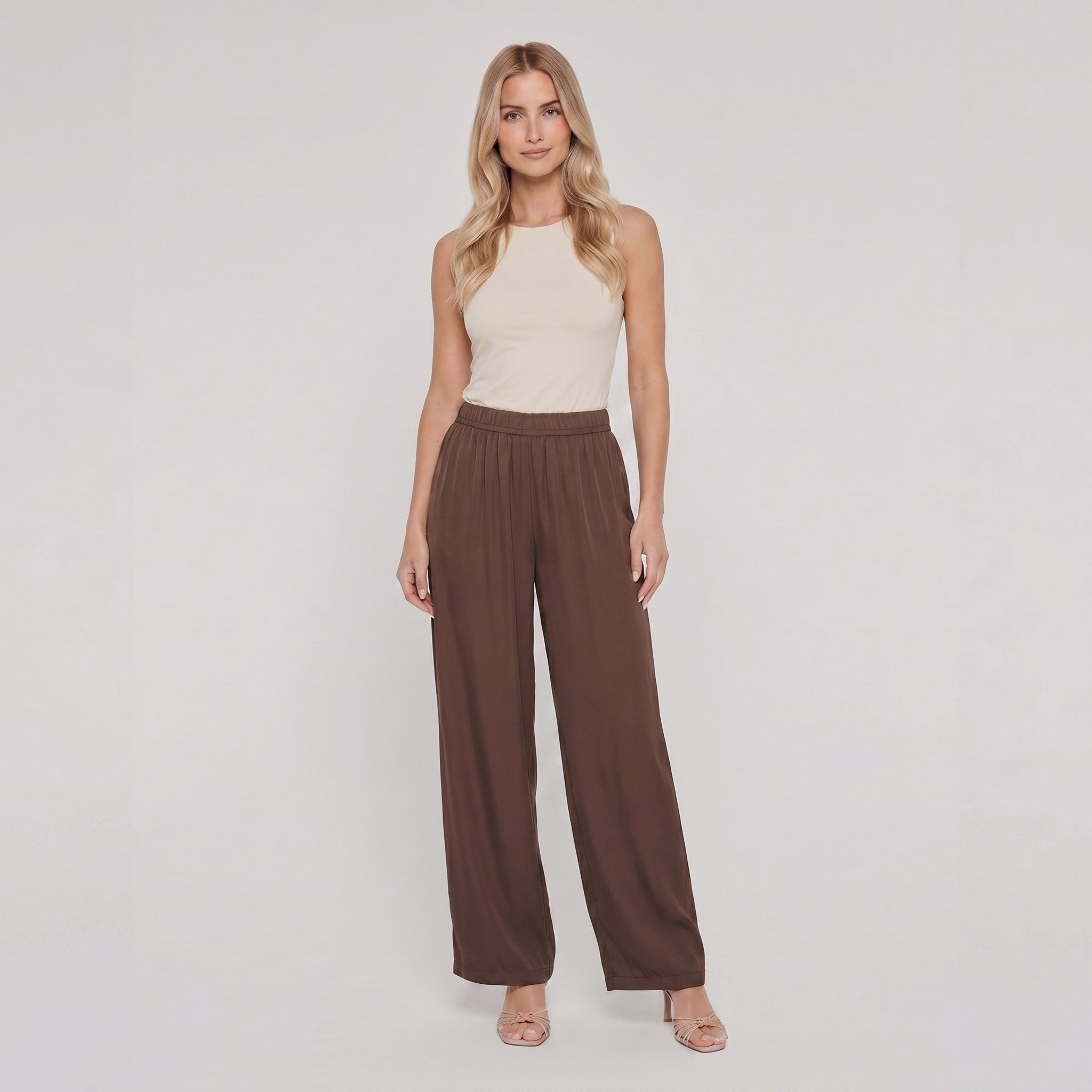 Pamela Boutique brown wide-leg trousers, model view