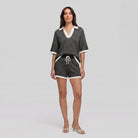 Wina Knit Set in charcoal black — soft knit V-neck top and casual shorts two-piece set