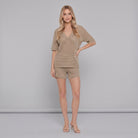 Wina Women's Set in khaki — lightweight hollow-knit V-neck top and shorts two-piece set