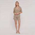 Wina Women's Set in khaki — hollow-knit loungewear two-piece set, front pose