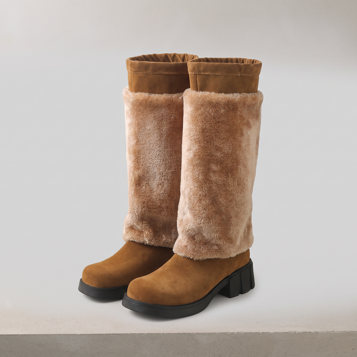 Mid-calf boots with a fold-over faux fur cuff and chunky heel, view 1