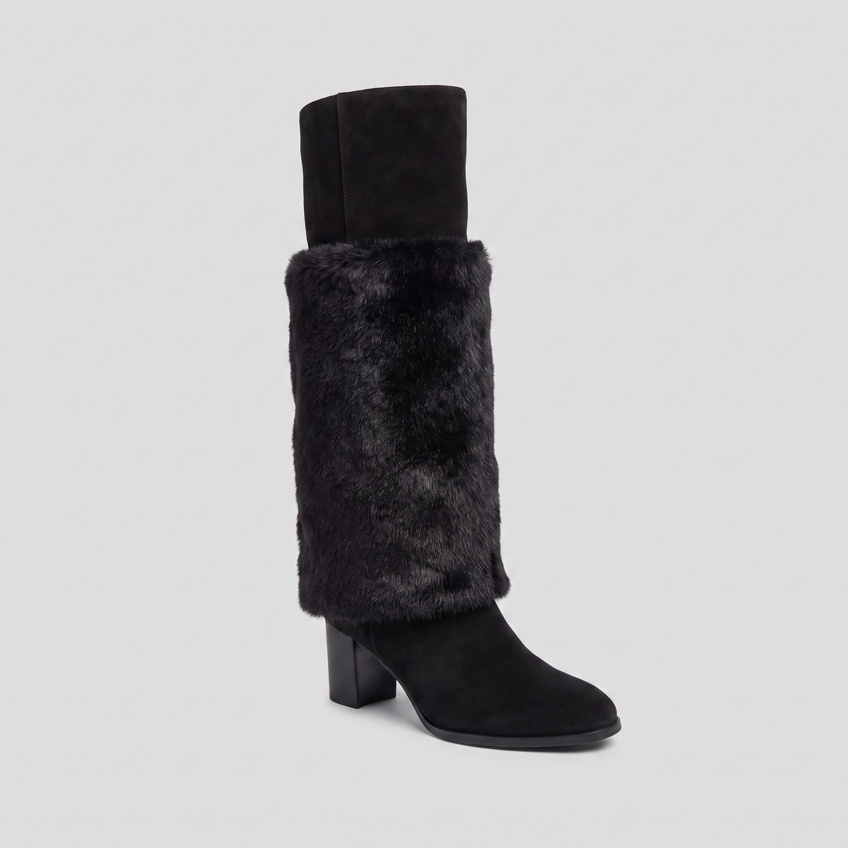 Mid-calf boots with a fold-over faux fur cuff and chunky heel, view 3