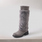 Grey mid-calf boot with the faux fur cuff pulled up, view 4