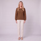 Amalie ribbed pullover in brown, front view on model