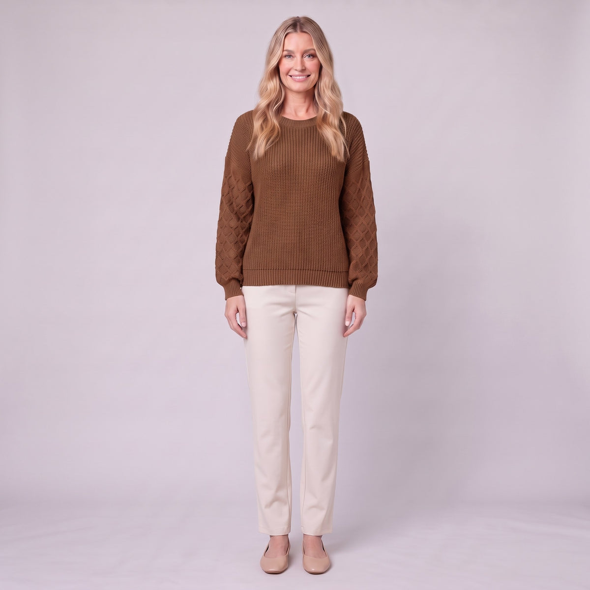 Amalie ribbed pullover in brown, front view on model
