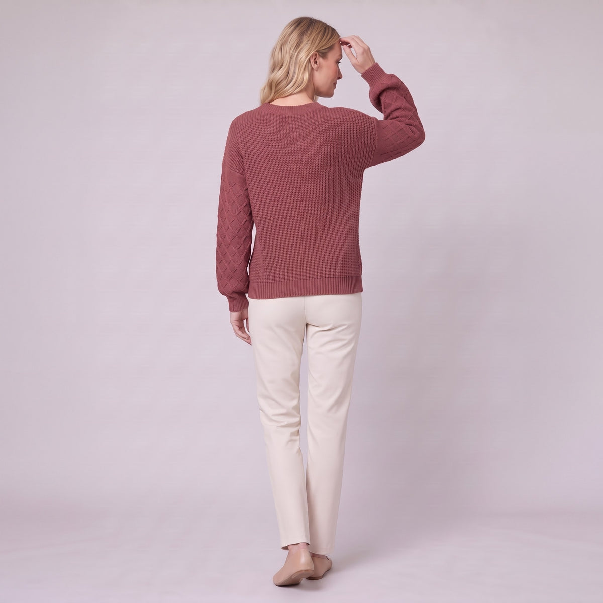 Amalie ribbed pullover in red, back view on model