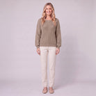 Amalie ribbed pullover in taupe grey, front view on model