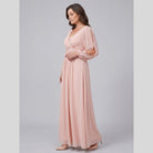 Chiffon gown with a V-neck, beaded belt and long sleeves, view 4