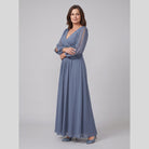 Chiffon gown with a V-neck, beaded belt and long sleeves, view 5