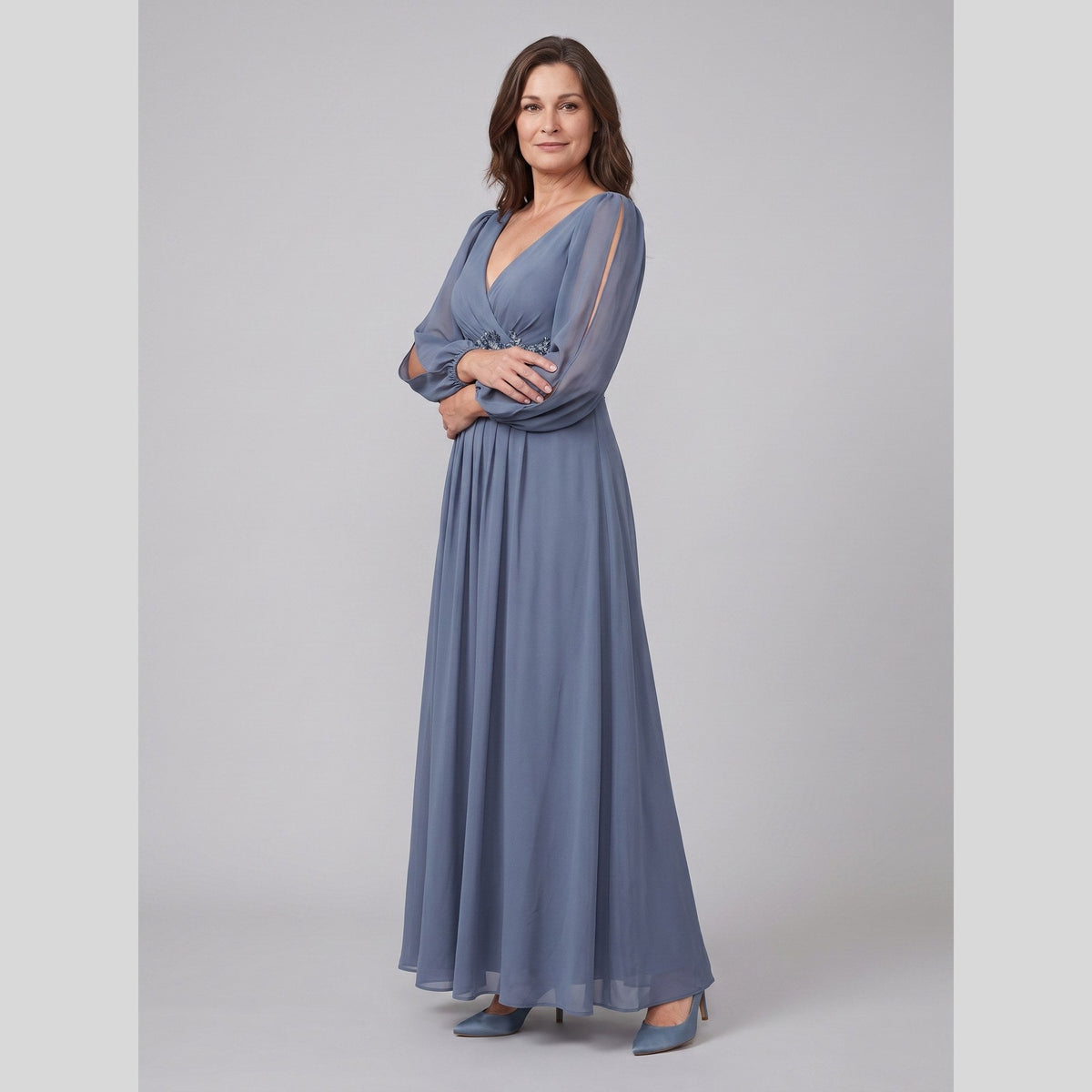 Chiffon gown with a V-neck, beaded belt and long sleeves, view 5