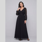 Chiffon gown with a V-neck, beaded belt and long sleeves, view 6