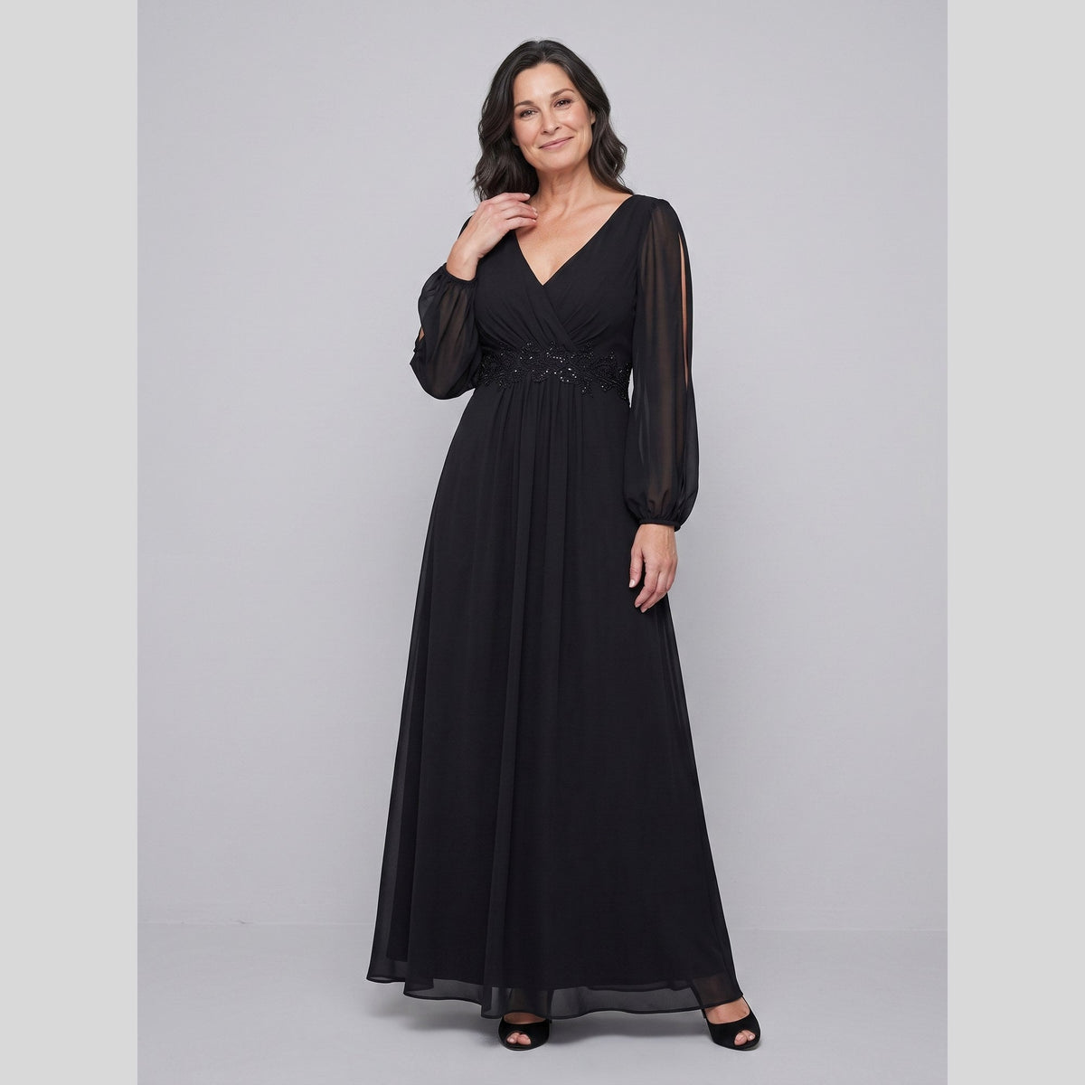 Chiffon gown with a V-neck, beaded belt and long sleeves, view 6