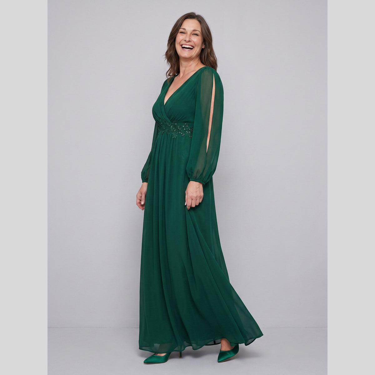 Chiffon gown with a V-neck, beaded belt and long sleeves, view 8