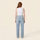 Straight leg jeans in a cotton blend with an asymmetric waist, view 3