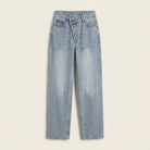 Straight leg jeans in a cotton blend with an asymmetric waist, view 4