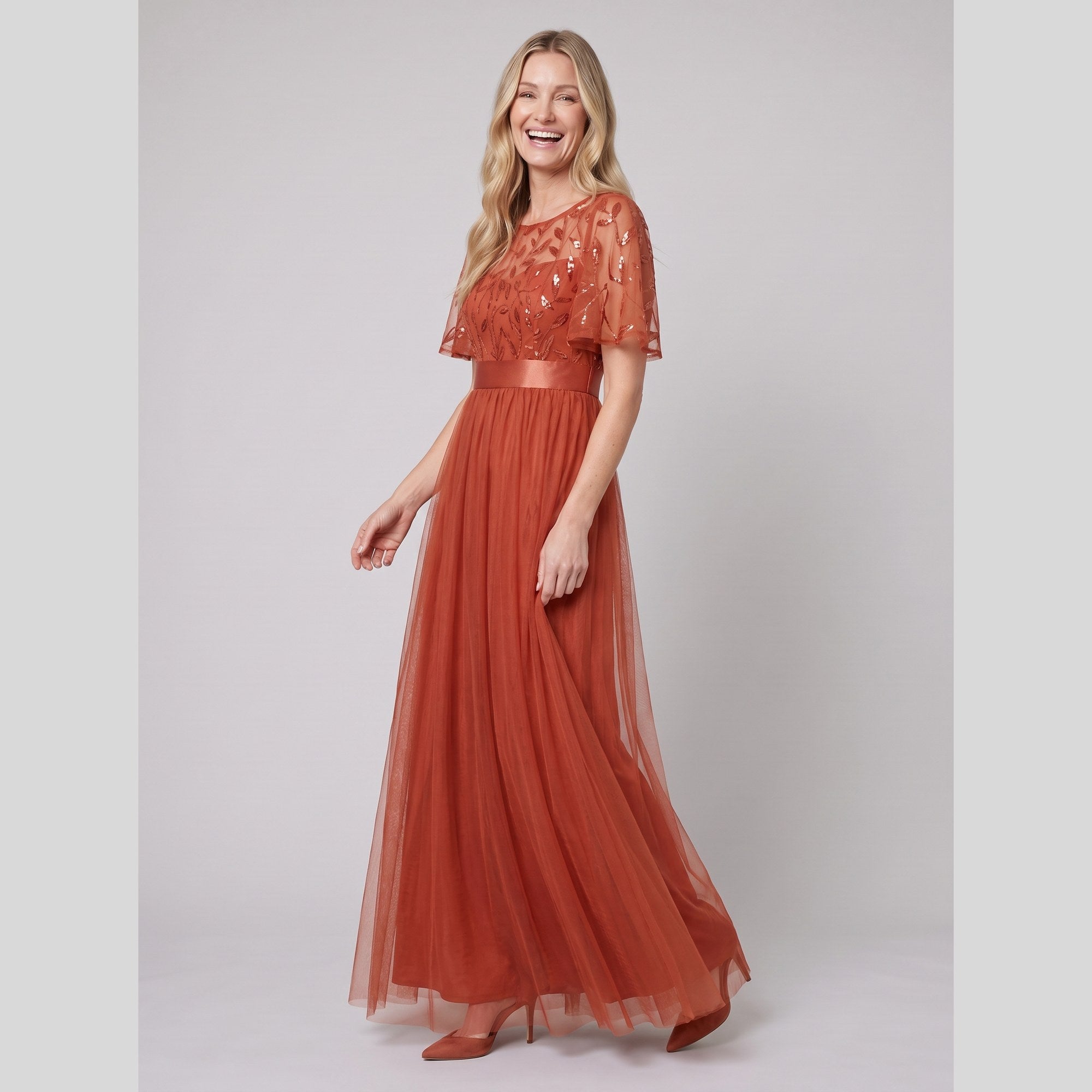 Maxi dress with a sequin bodice, tulle skirt and short sleeves, view 8