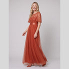 Maxi dress with a sequin bodice, tulle skirt and short sleeves, view 8