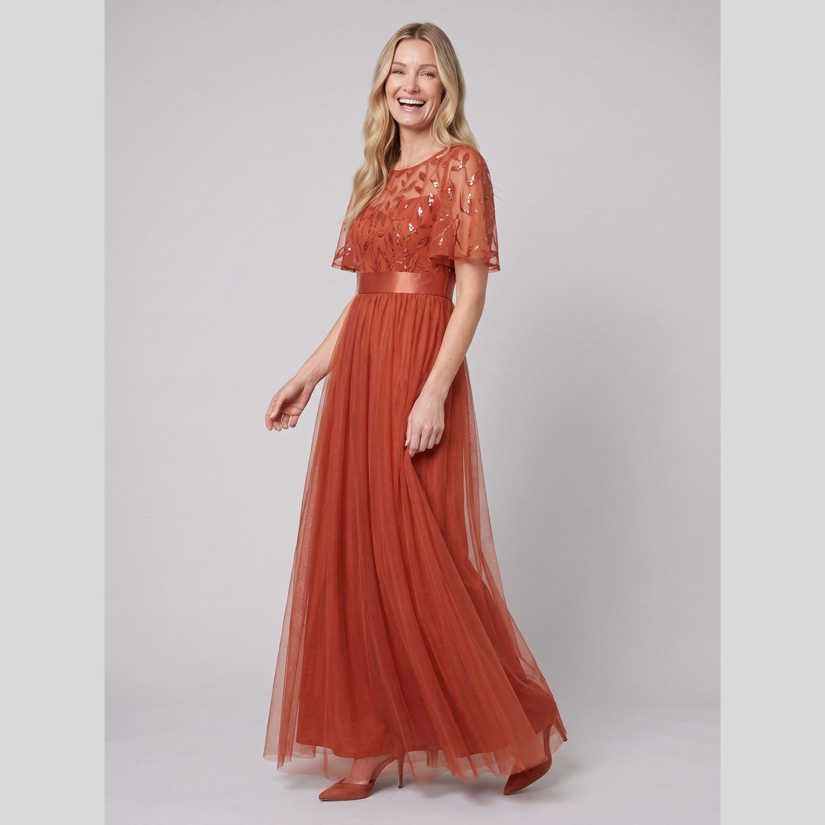 Maxi dress with a sequin bodice, tulle skirt and short sleeves, view 8