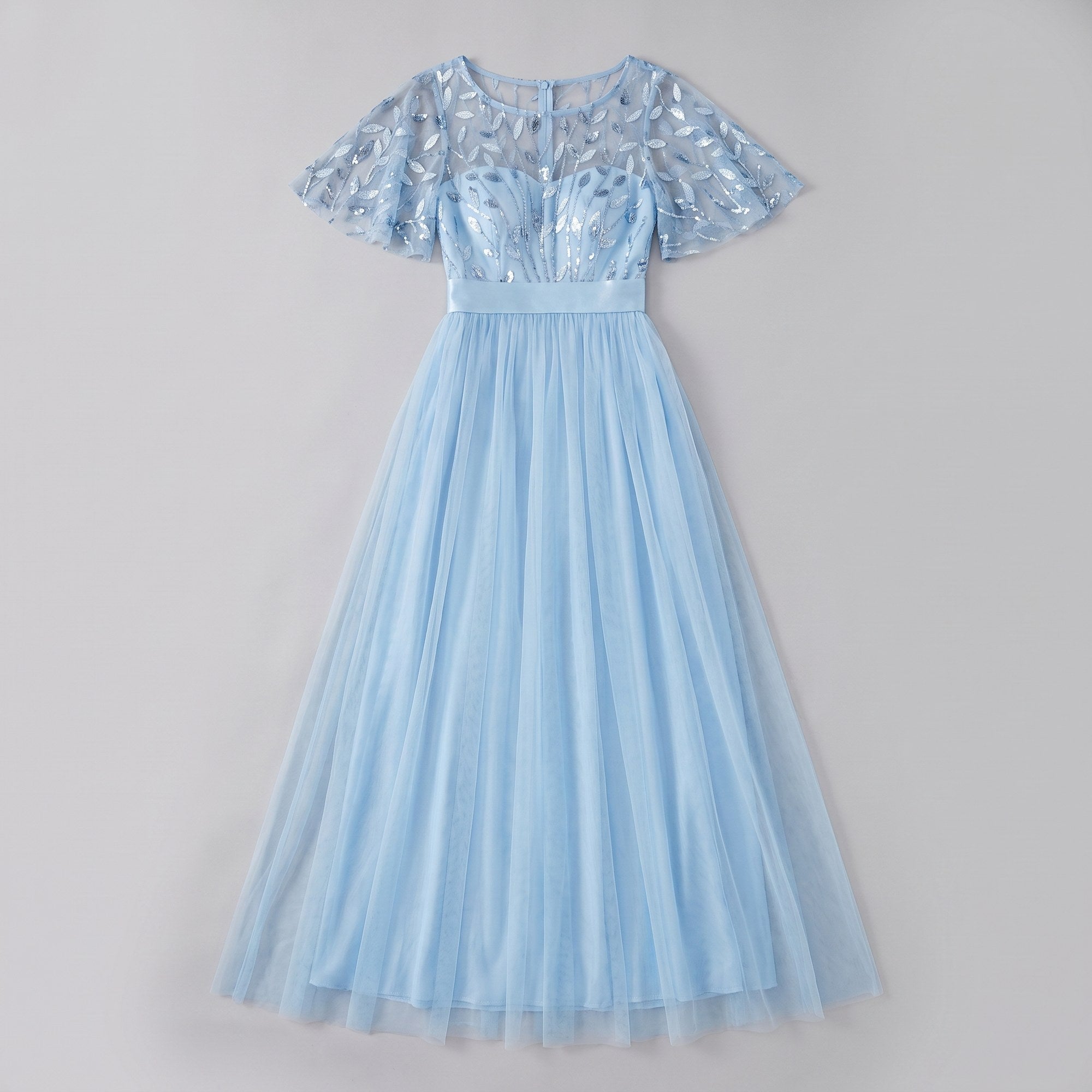 Maxi dress with a sequin bodice, tulle skirt and short sleeves, view 9