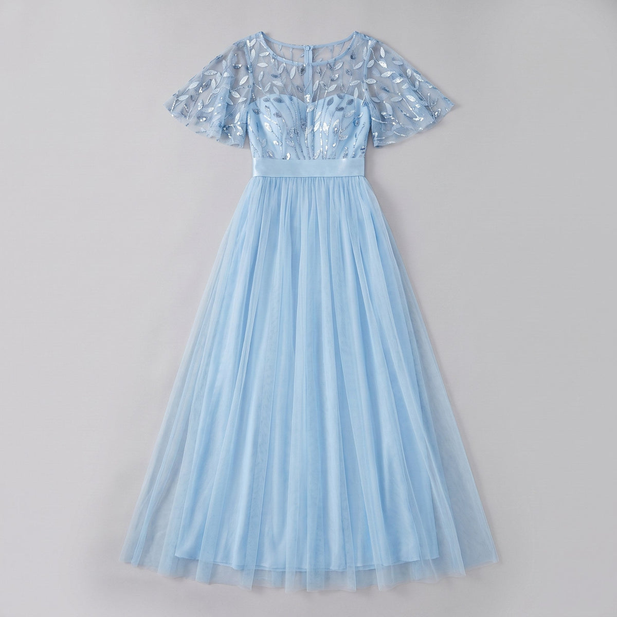 Maxi dress with a sequin bodice, tulle skirt and short sleeves, view 9