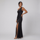 Black one-shoulder evening gown with a side slit, view 1