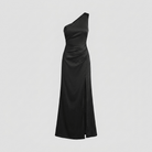 Black one-shoulder evening gown with a side slit, view 2