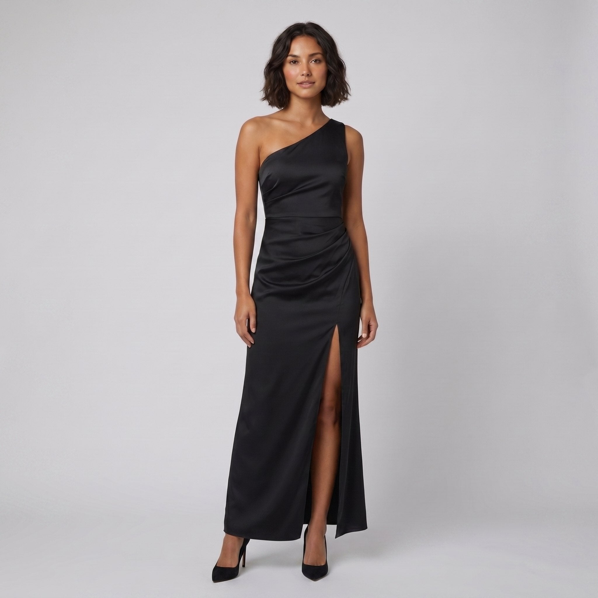 Black one-shoulder evening gown with a side slit, view 3