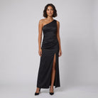 Black one-shoulder evening gown with a side slit, view 3