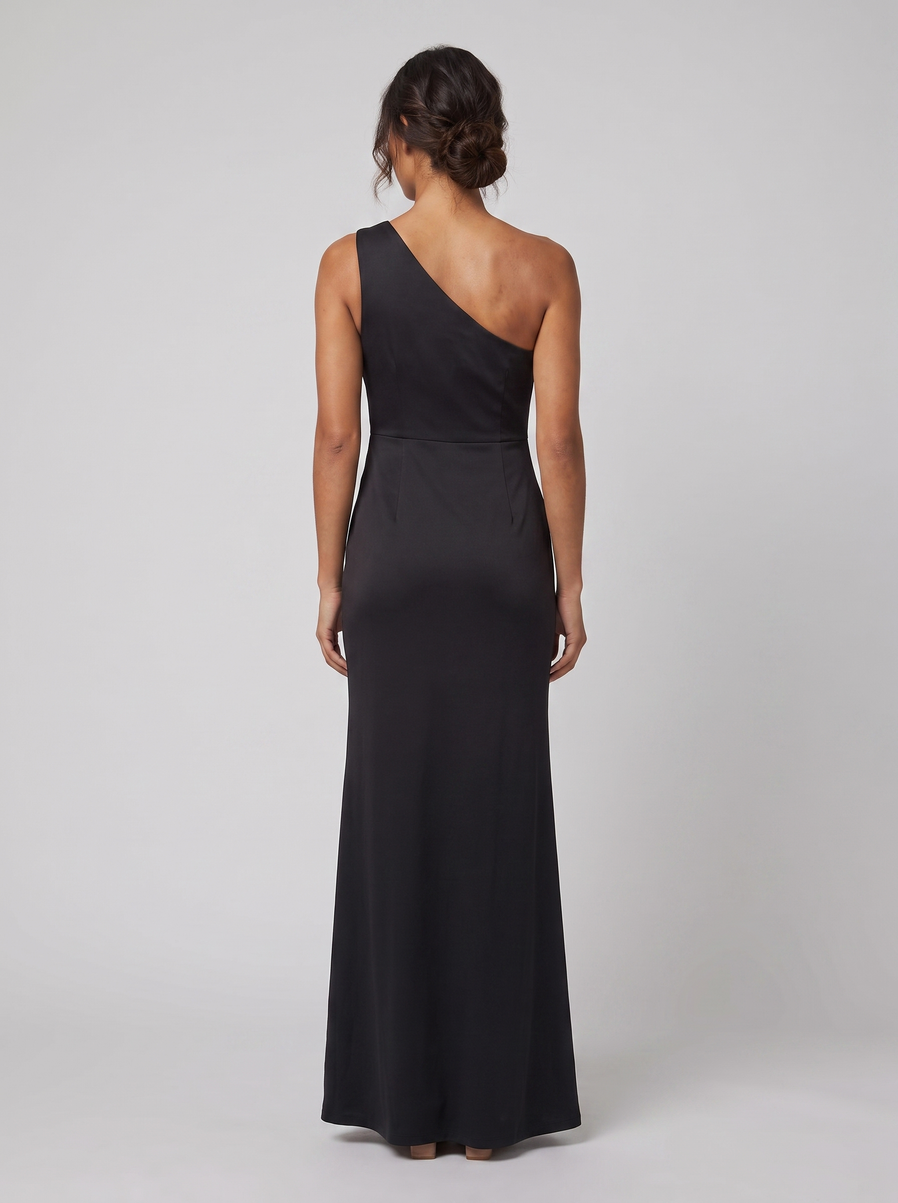 Black one-shoulder evening gown with a side slit, view 5