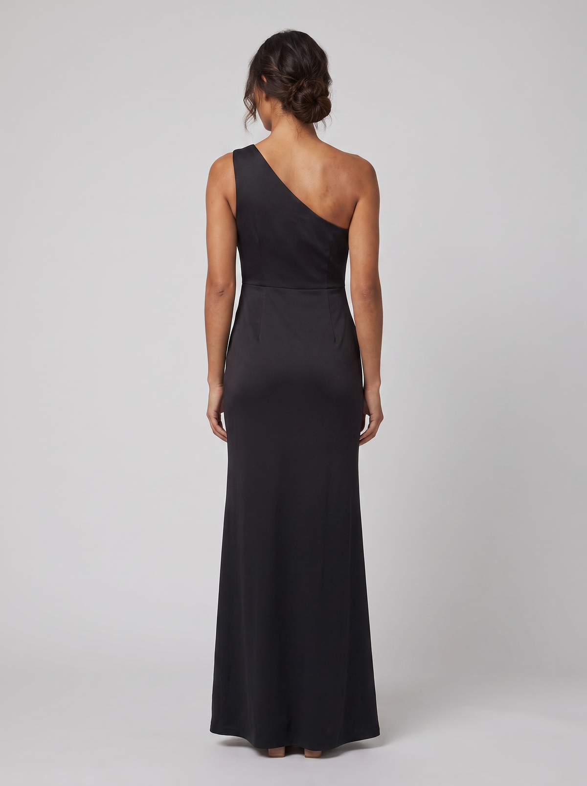 Black one-shoulder evening gown with a side slit, view 5