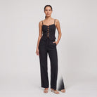 Black lace-up structured top and wide-leg trouser co-ord, front view