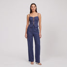 Navy lace-up structured top and wide-leg trouser co-ord, front view