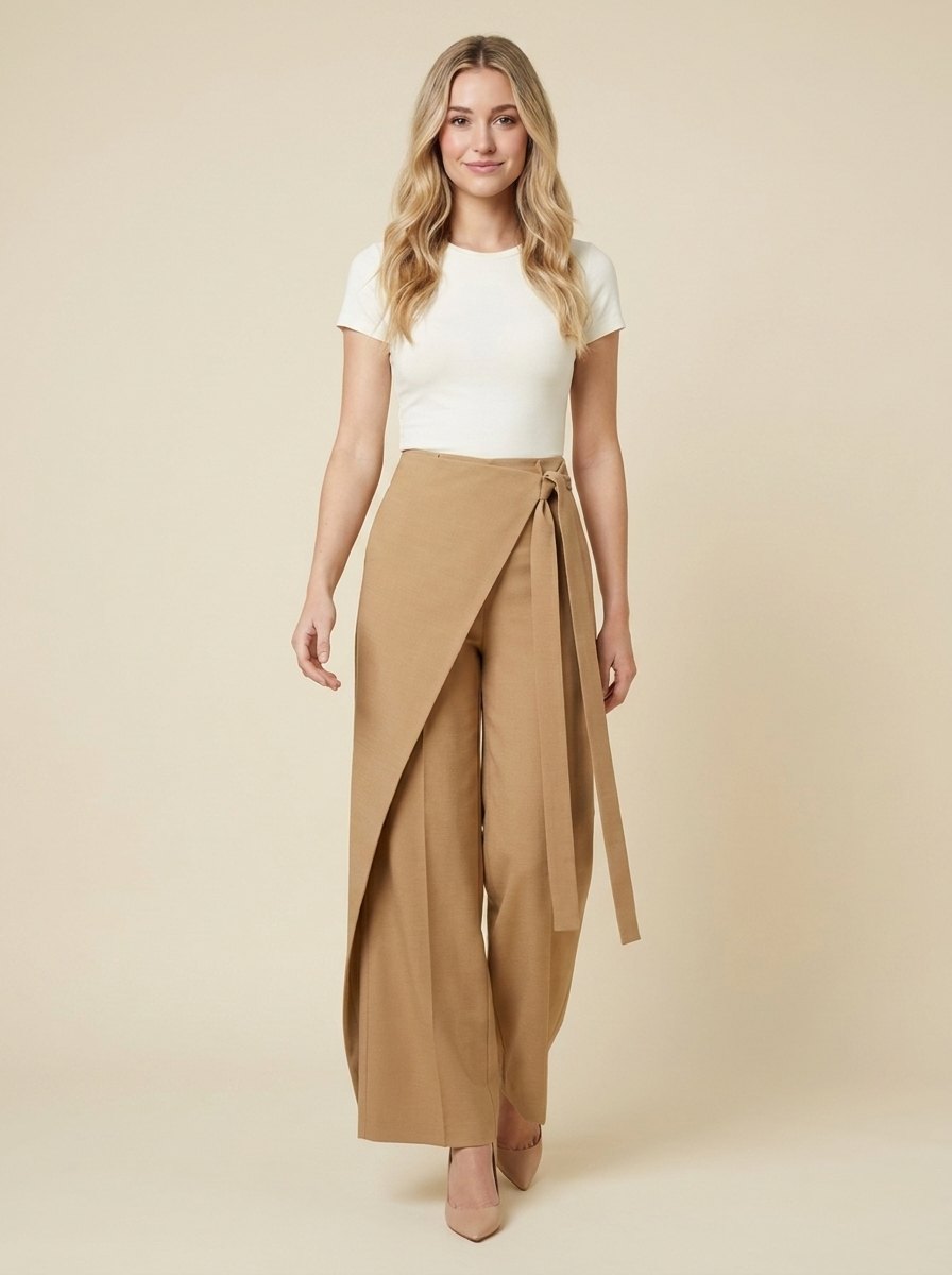 Viscose blend tie waist trousers, view 4