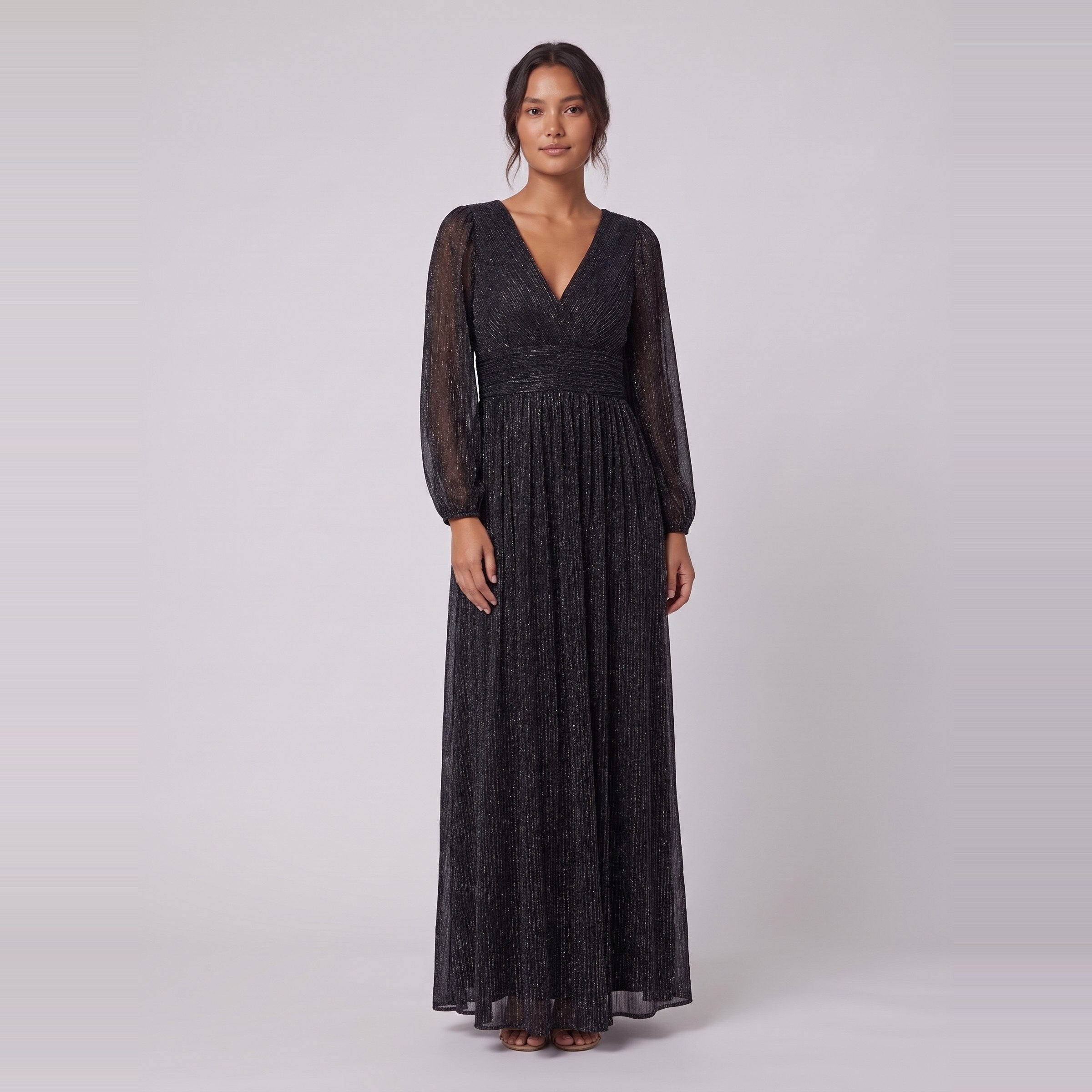 Brym black glitter knit gown with empire waist and sheer lantern sleeves, front view