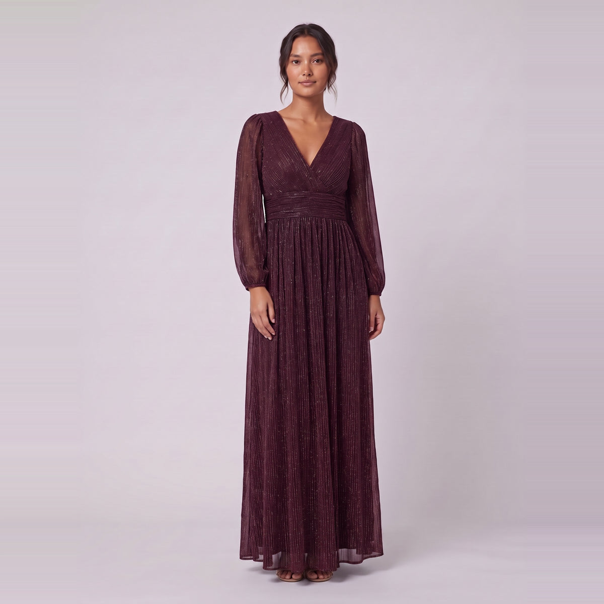 Brym glitter knit gown in burgundy, front view