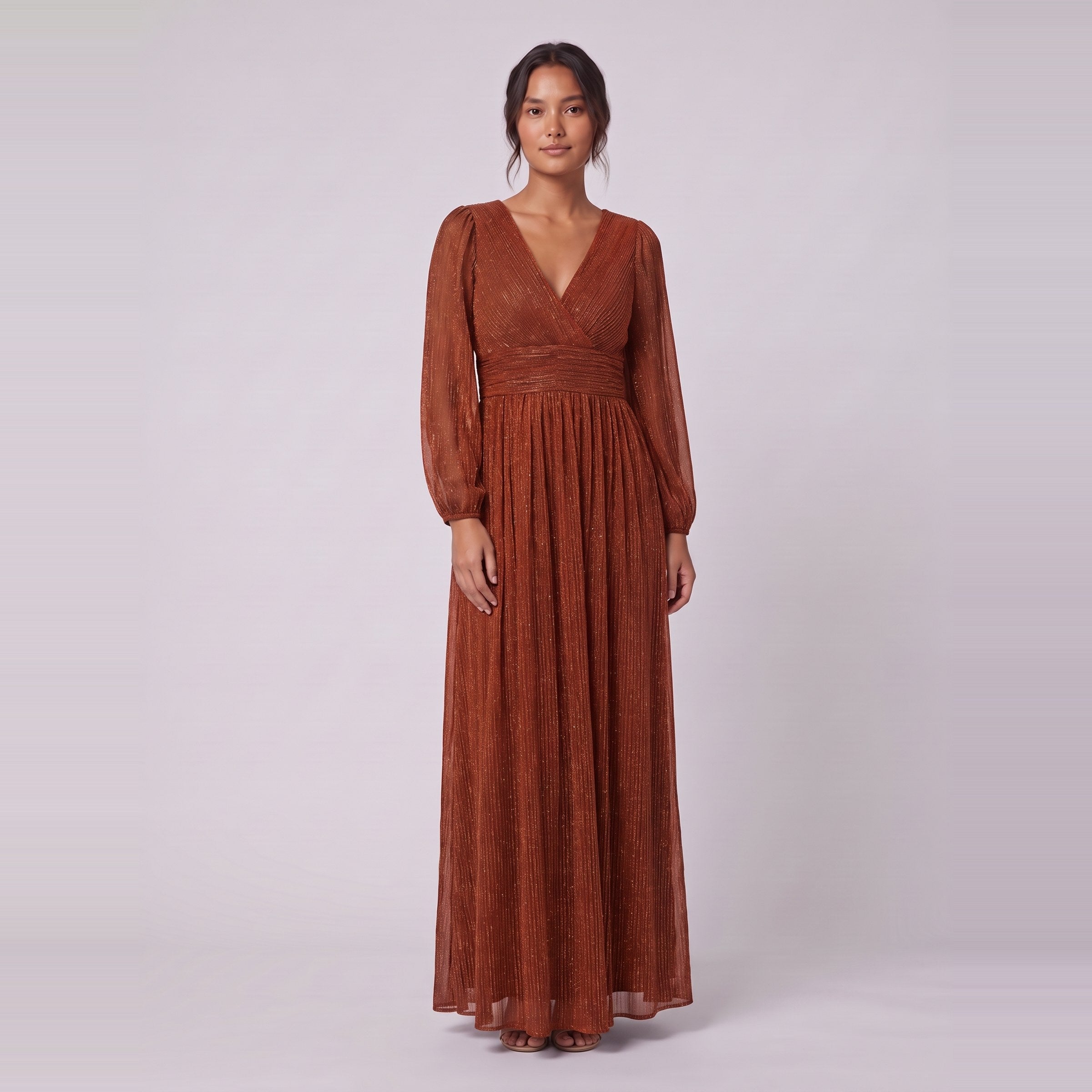 Brym glitter knit gown in burnt orange, front view