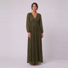 Brym glitter knit gown in olive green, front view