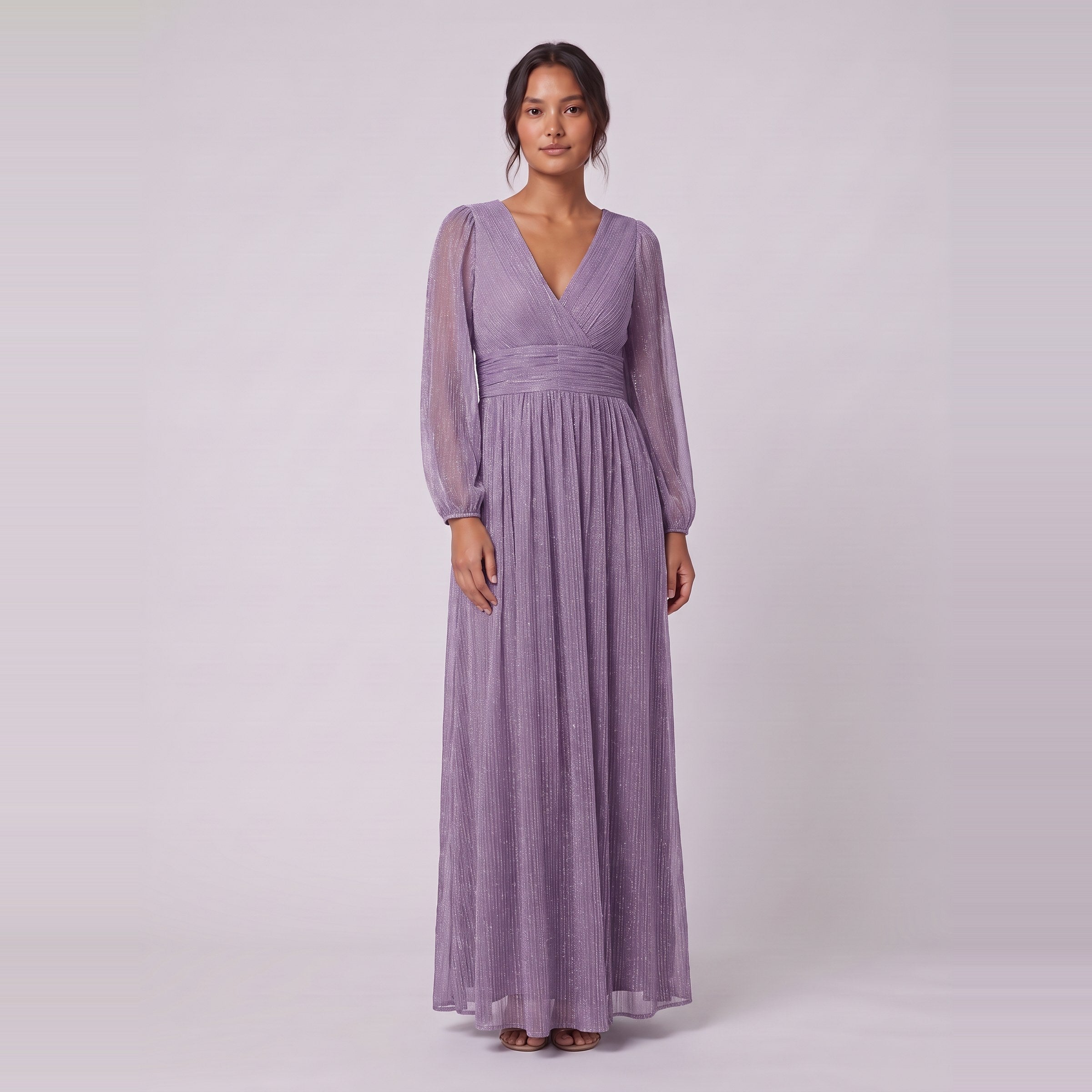 Brym glitter knit gown in wisteria purple, front view