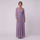 Brym glitter knit gown in wisteria purple, front view