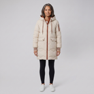 Beige long down puffer coat in a lightweight finish, view 1